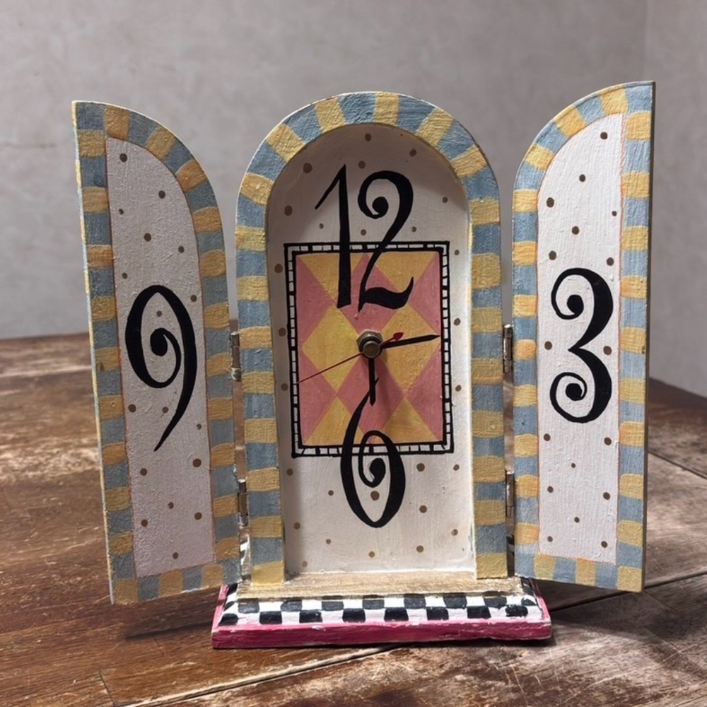 Hand-painted whimsical mantel clock Hand Crafted Courtly Check Inspired Handmade